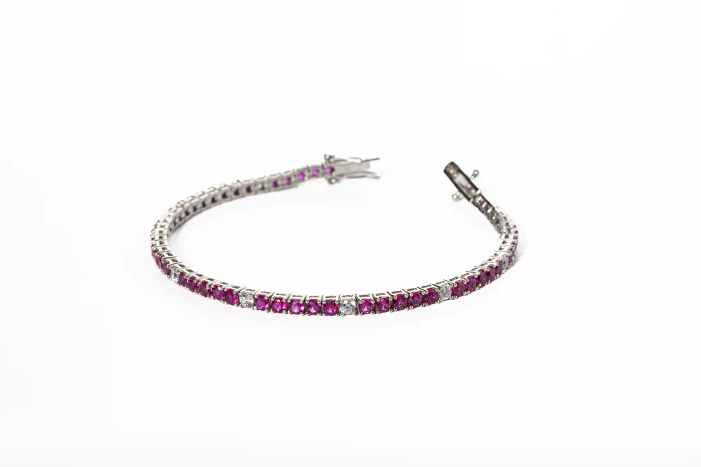 Bracciale " Tennis " Argento Con Pietre Fucsia E Diamanti 5/1