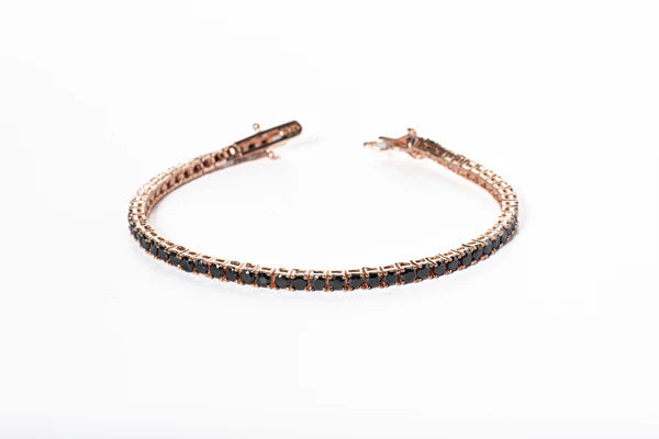 Bracciale " Tennis " Argento Oro Rosa E Pietre Nere